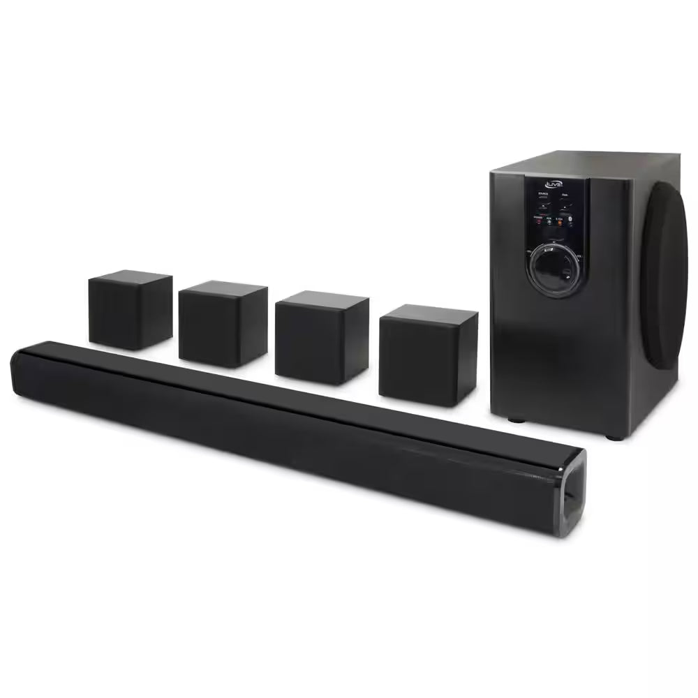 5.1-Channel Bluetooth Home Theater System, 6-Surround Speakers with Wired Connections, Learning Remote Capability, Black