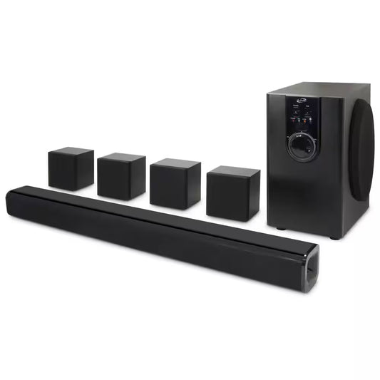 5.1-Channel Bluetooth Home Theater System, 6-Surround Speakers with Wired Connections, Learning Remote Capability, Black