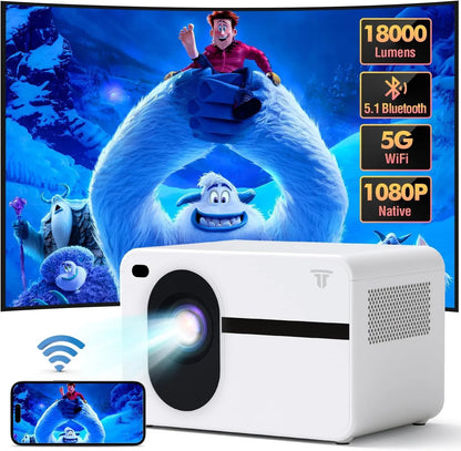 Projector with Wifi and Bluetooth Native 1080P Full HD Projector 18000 Lumens Outdoor 200" Projection Screen Video Movie Proyector Compatible with Smartphone, Hdmi,Usb,Av,Fire Stick, PS5, White