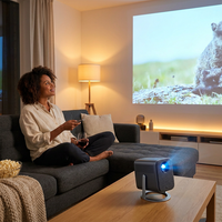 Smart Projector, Native 1080P with 4K Support, Wifi Bluetooth, Auto Focus, Keystone Correction, 360° Stand, 300'' Display for Home Theater — Lifestyle