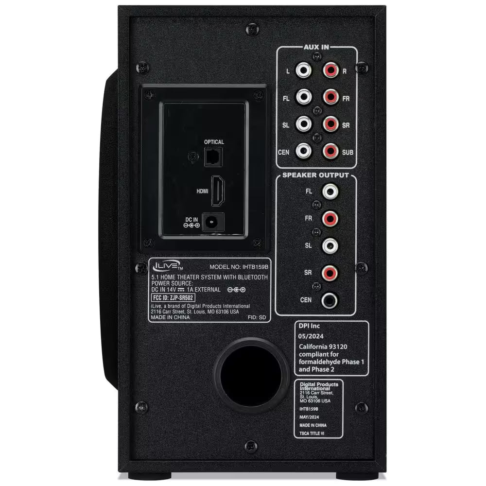 5.1-Channel Bluetooth Home Theater System, 6-Surround Speakers with Wired Connections, Learning Remote Capability, Black