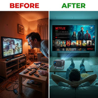 Smart Projector, Native 1080P with 4K Support, Wifi Bluetooth, Auto Focus, Keystone Correction, 360° Stand, 300'' Display for Home Theater — Before & After