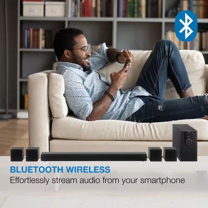 5.1-Channel Bluetooth Home Theater System, 6-Surround Speakers with Wired Connections, Learning Remote Capability, Black